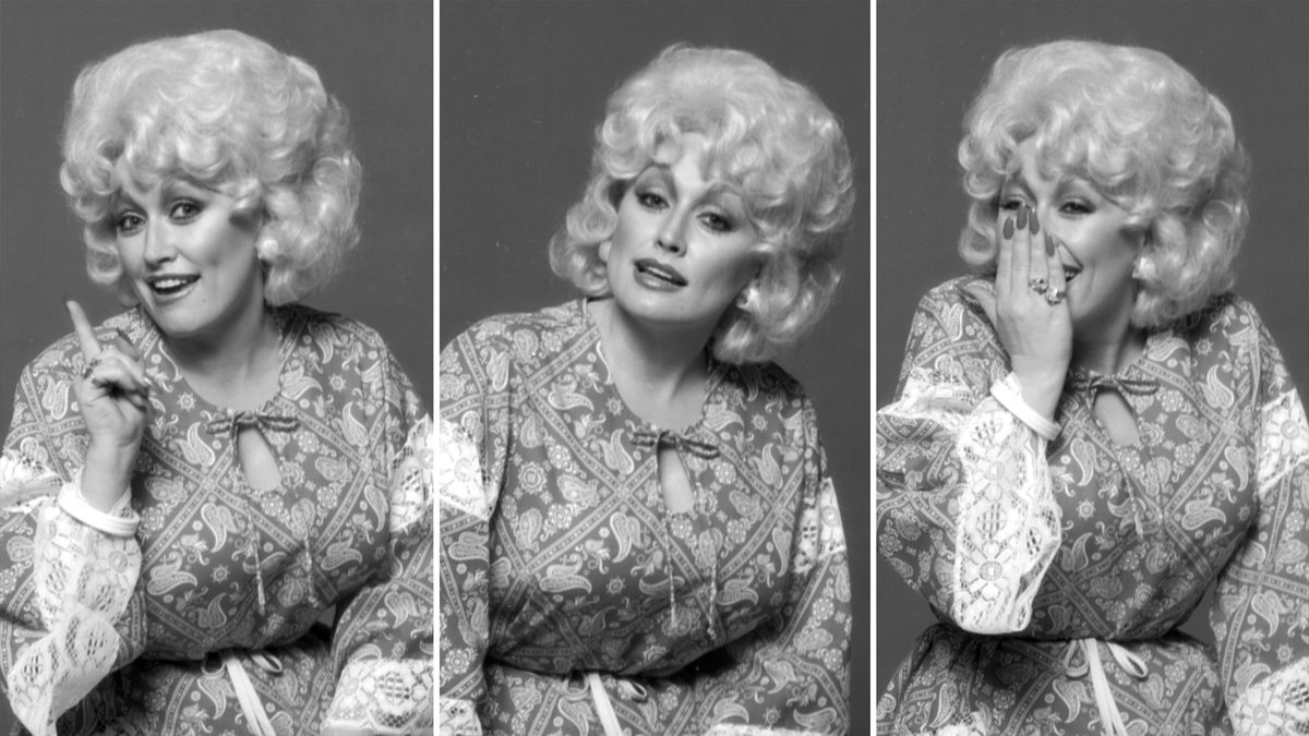 Dolly Parton in a dress making three different poses for Playboy Interview photoshoot.