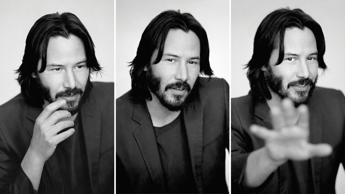 Keanu Reeves makes three different faces.