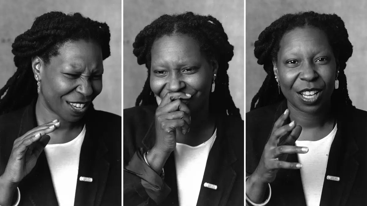 A young Whoopi Goldberg making three different faces.