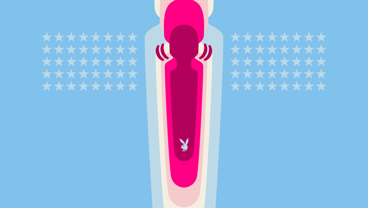 cartoon graphic of pink vibrator with a playboy bunny logo on a blue background