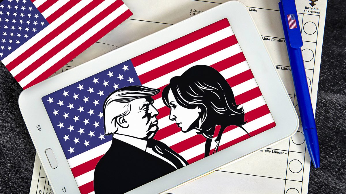 Donald Trump faces off with Kamala Harris in a digital illustration