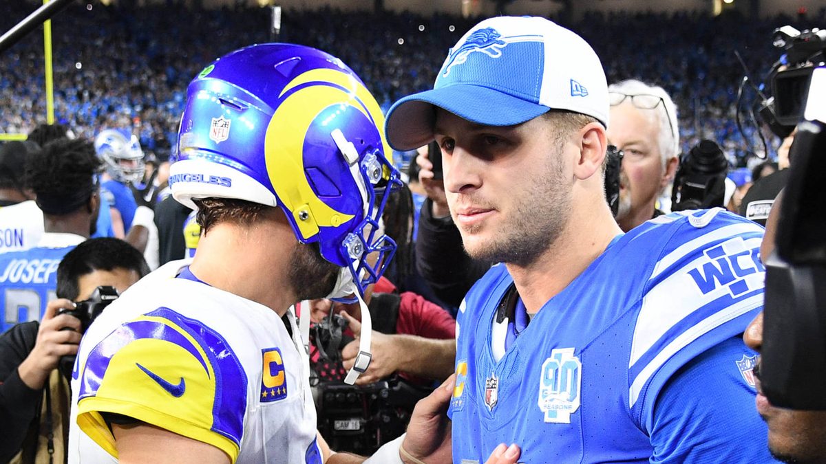 Los Angeles Rams quarterback Matthew Stafford (9) and Detroit Lions quarterback Jared Goff (16) postgame following the NFC Wild Card game between the Detroit Lions and the Los Angeles Rams game on Sunday January 14, 2023 at Ford Field in Detroit, MI.