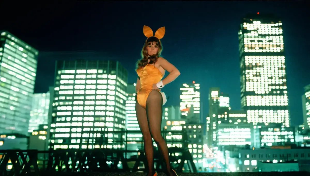 Playboy Bunny in orange suit with city in the background