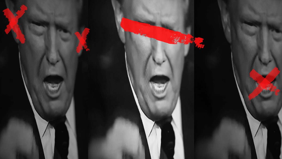 Donald Trump with red lines over his eyes.
