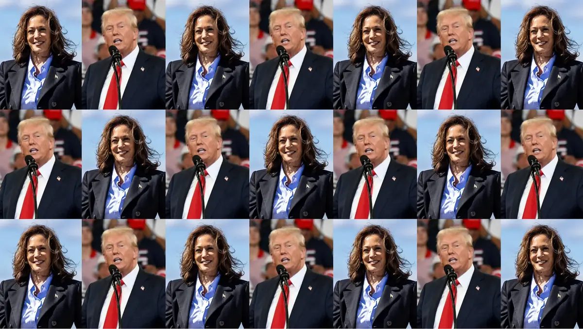 A checkerboard pattern of Kamala Harris and Donald Trump.