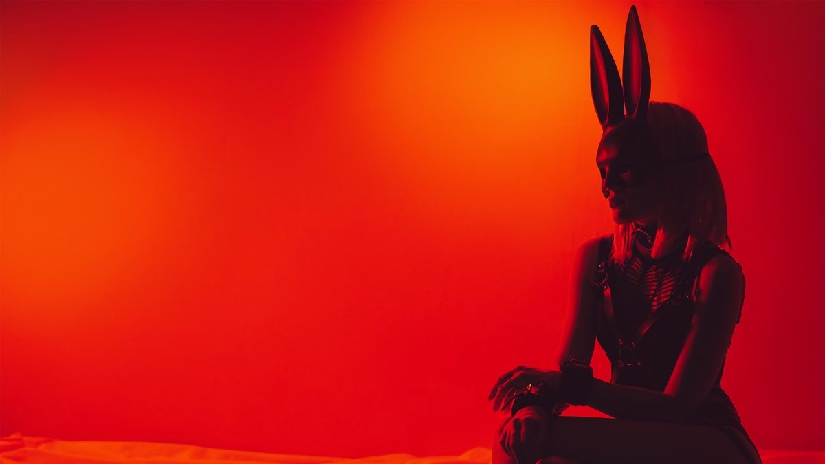Playboy Fiction: Woman wearing bunny mask sits in red room