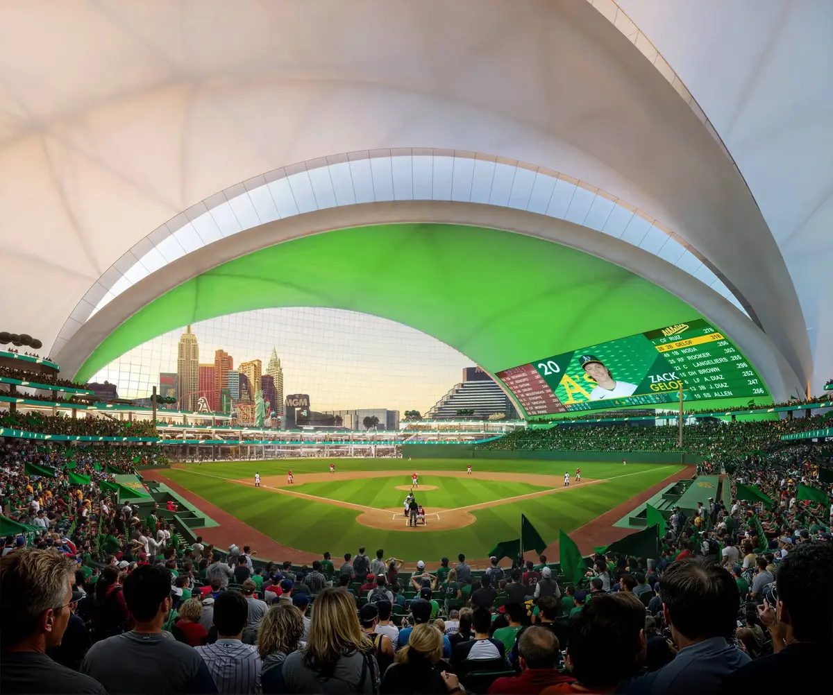 Stadium design rendering from Bjarke Ingels Group for a new MLB home for the A's in Las Vegas.