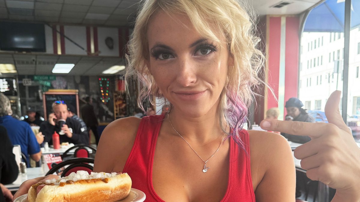 Griffin Maria enjoying lunch at American Coney Island Chili Dogs in Detroit Michigan.