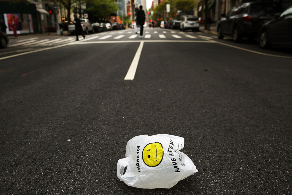 NEW YORK, NY - MAY 05: A plastic bag sits in a Manhattan street on May 05, 2016 in New York City.