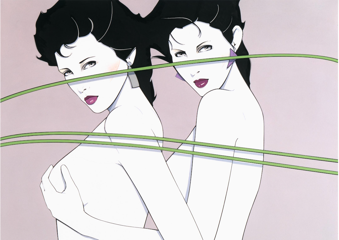 Patrick Nagel illustration of two women, one holding the other's breasts.